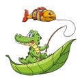 Cartoon illustration crocodile fishing