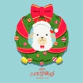 Cartoon illustration of cute alpaca with Christmas decorative wreath. Vector illustration of Christmas day