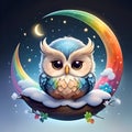 Cartoon illustration of a cute baby owl in the moon. Ai generated. Royalty Free Stock Photo