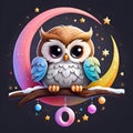 Ai generated. Cartoon illustration of a cute baby owl in the moon Royalty Free Stock Photo