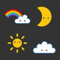 Cartoon illustration of cute characters. Cloud and rainbow, sun and moon.