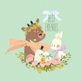 Cartoon Illustration with Cute Deer, Rabbit and Birds