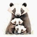 Cartoon illustration of cute family of badgers with babies on white background. Generative AI