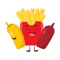 Cartoon illustration of cute fun french fries, ketchup and mayonnaise Royalty Free Stock Photo