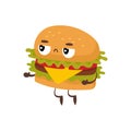 Cartoon illustration of cute funny hamburger. Food concept drawing