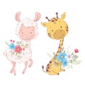 Cartoon illustration of a cute llama and giraffe. Vector illustration