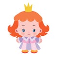 cartoon illustration, cute princess with red hair and a small crown on her head, isolated object on a white background, vector
