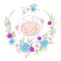 Cartoon illustration of a cute sheep in a wreath of blue and purple flowers. Vector illustration in hand draw Royalty Free Stock Photo