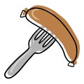 Cartoon illustration, delicious sausage and a metal fork on a white background. vector illustration, design element Royalty Free Stock Photo