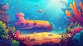 Cartoon illustration depicting an underwater seascape with fish, corals, marine plants, and animals. Tropical ocean Royalty Free Stock Photo