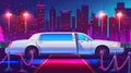 This cartoon illustration depicts a white limousine car with a closed door with an empty red carpet and rope barrier in Royalty Free Stock Photo