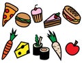 Cartoon food types icon set