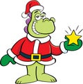 Cartoon dinosaur in a Santa Claus costume holding a star.