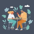 Cartoon illustration of divided couple. Divorcing people. Couple going to break up on. Sad man and woman in caffe, sitting at the