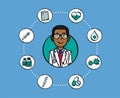 Cartoon illustration of doctor with medical icons around him. Hand drawn doodle. Royalty Free Stock Photo