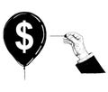 Cartoon Illustration or Drawing of Hand with Needle or Pin Popping Dollar Currency Symbol Balloon