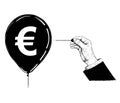 Cartoon Illustration or Drawing of Hand with Needle or Pin Popping Euro Currency Symbol Balloon