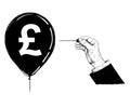 Cartoon Illustration or Drawing of Hand with Needle or Pin Popping Pound Sterling Currency Symbol Balloon