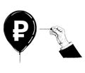 Cartoon Illustration or Drawing of Hand with Needle or Pin Popping Russian Ruble Currency Symbol Balloon