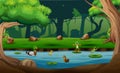 Cartoon duckling and frogs playing in a river