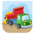 Cartoon illustration, dump truck brought sand and pours it out of its body, isolated object on white background, vector Royalty Free Stock Photo