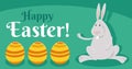 cartoon Easter bunny with three painted eggs greeting card