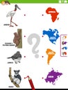 Match cartoon animal species and continents educational game
