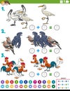 Math addition educational task with cartoon birds characters