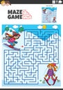 maze game activity with cartoon girls characters skiing