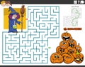 Maze with cartoon witch and pumpkins on Halloween time