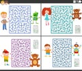 maze activity games set with cartoon kids ant their toys Royalty Free Stock Photo