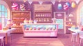 Cartoon illustration of an empty candy shop interior with different kinds of pastry, cashier's desk, shelves and Royalty Free Stock Photo