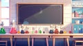 Cartoon illustration of an empty chemistry cabinet or classroom interior with blackboard, beakers and scientific