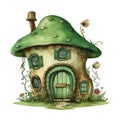 cartoon illustration of fairy house with green roof, grass and flowers, Green Fairy House Clipart, AI Generated Royalty Free Stock Photo