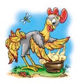 Cartoon illustration with fairy tale scene with cooking rooster