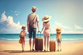 Cartoon illustration of a family that arrives on vacation at the beach and looks at the sea with their backs turned. Ai generated