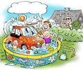 Cartoon illustration of a family man who washes the little car