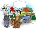 Cartoon illustration of a family who are out and walk the dog, the neighbor will have a good idea