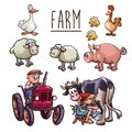 Cartoon illustration - farmer driving a tractor, a peasant woman milking cow and set of farm animals Royalty Free Stock Photo