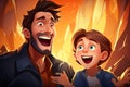 cartoon illustration of Father shares a funny story, making his son burst into laughter