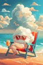 Cartoon illustration featuring an anthropomorphic chubby cloud wearing sunglasses, happily drinking a refreshing juice