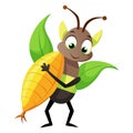 Funny cartoon vector illustration of an ant carrying a big leaf with a cute bee and other insects Royalty Free Stock Photo