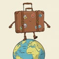 Cartoon illustration featuring an anthropomorphic suitcase standing atop a stylized Royalty Free Stock Photo