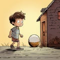 Rustic Cartoon Boy With Ball: Dynamic Graphic Novel Illustration