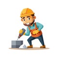 Cartoon builder with jackhammer breaks cement block illustration Royalty Free Stock Photo