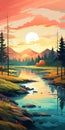 Colorful Cartoon Forest And Lake Sunset Scenic Illustration