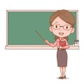 female teacher holding a stick in front of blackboard. Royalty Free Stock Photo