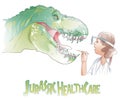 Cartoon illustration of female veterinarian examining a sick dinosaur