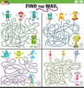 find the way maze games set with cartoon robot characters