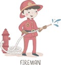 Cartoon illustration of a firefighter. Kids workers. Child professional